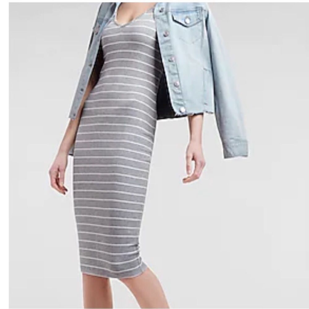 EXPRESS | NEW Gray & White Striped V-Neck Ribbed Midi Dress Women’s Size Small